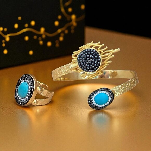 🆕️Turkish Handmade Adjustable 18K Gold Plated Turquoise Cuff Ring Exclusive Set - Picture 1 of 14